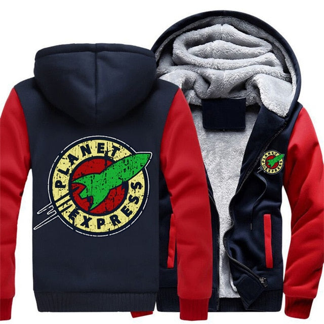 Men Women Planet Express Thicken Hoodie Zipper Coat Winter Fleece Warm Hooded Jackets