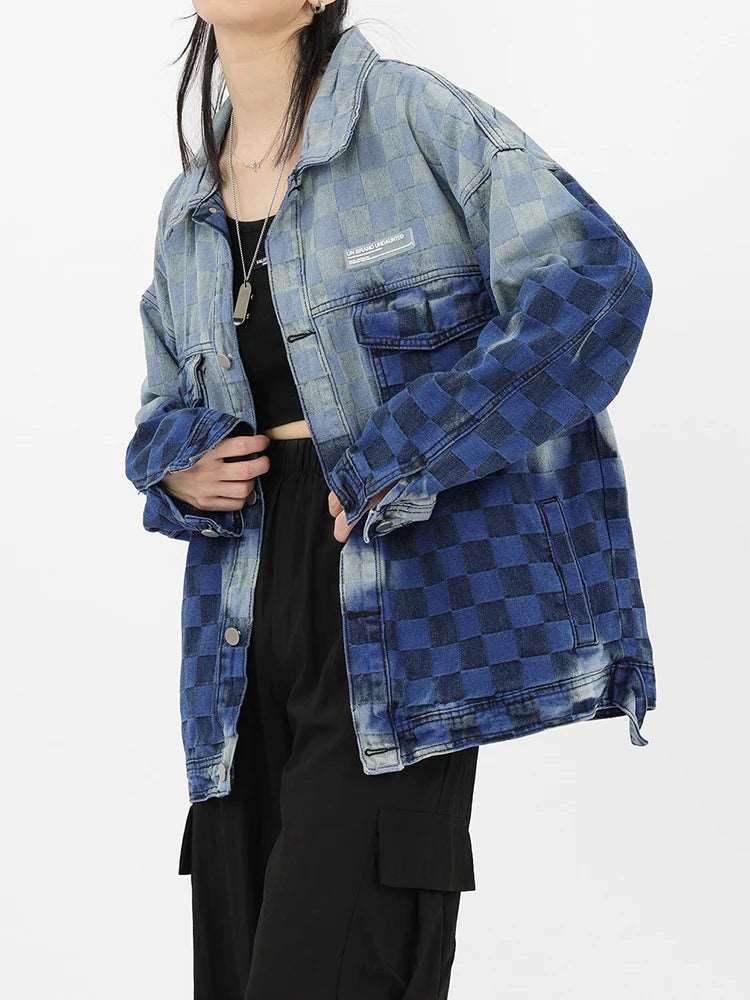 Diamond Lattice Denim Coat For Women Fashion Gradient Color Lapel Pocket Patchwork Loose Jacket Autumn