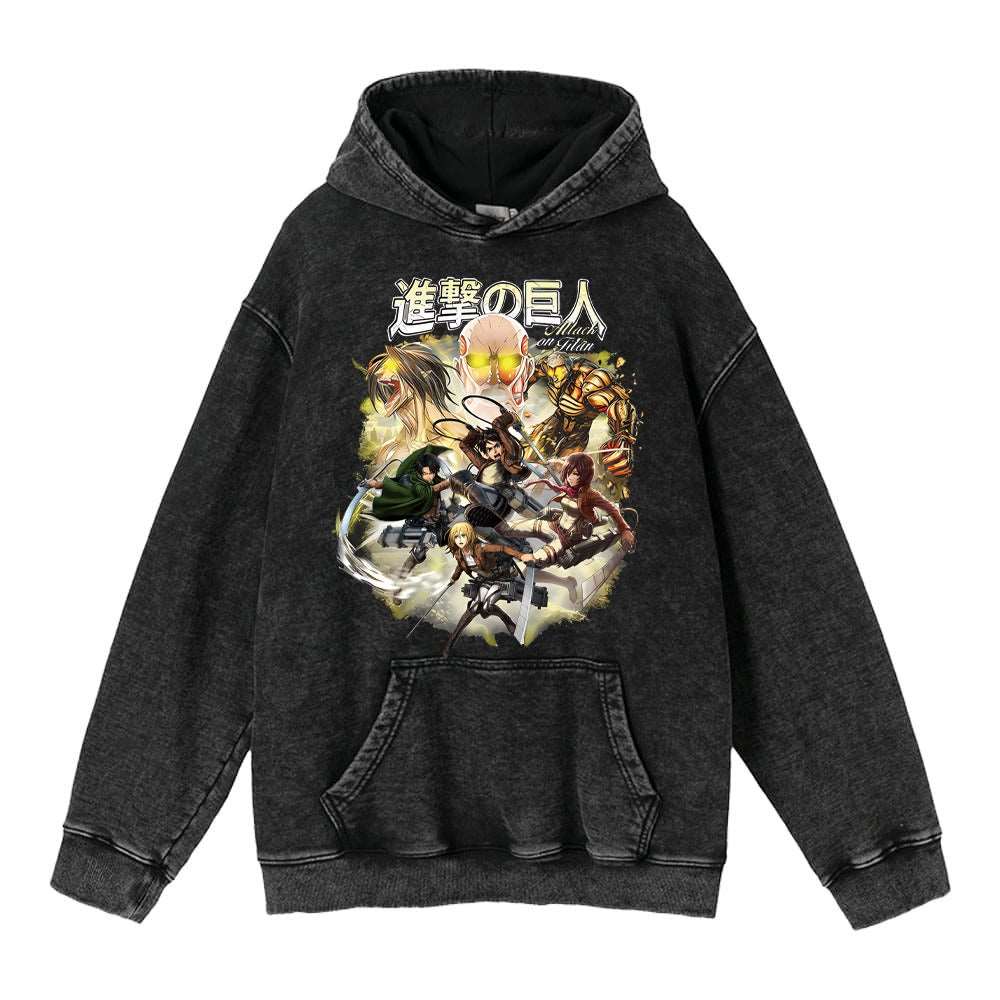 Hoodie's New Attack on Giant Anime Surrounding Print Trendy Brand Water Wash Retro Hooded Hoodie for Men