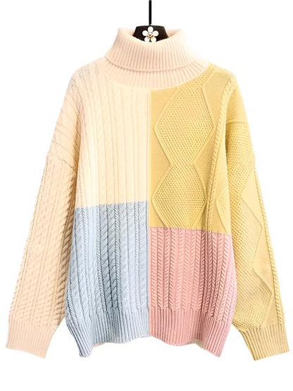 Fashion Patchwork Women Knitted Sweater  Autumn Winter Turtleneck Thick Warm Sweaters Loose Pullover Female Jumpers Tops