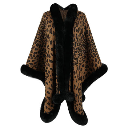 Autumn and Winter Wool Collar Cape Cardigan Leopard Cape Sweater Women