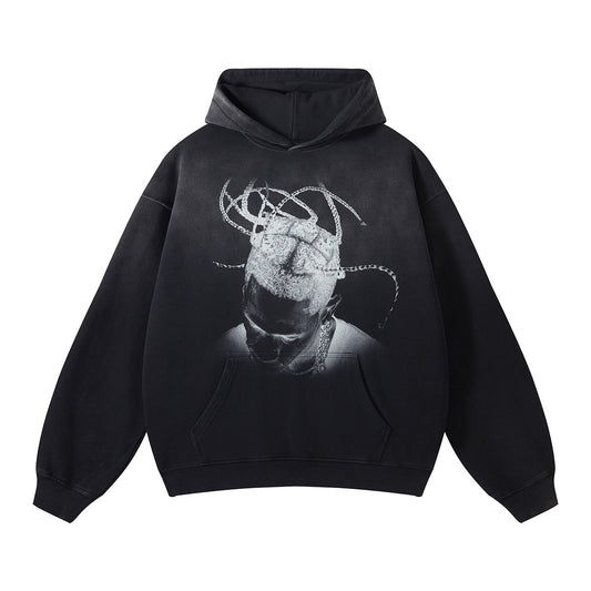 New product with no touch, white ink printing, spray painting, dyeing, washing, men's hoodie, dark and blurred trendy brand men's hoodie