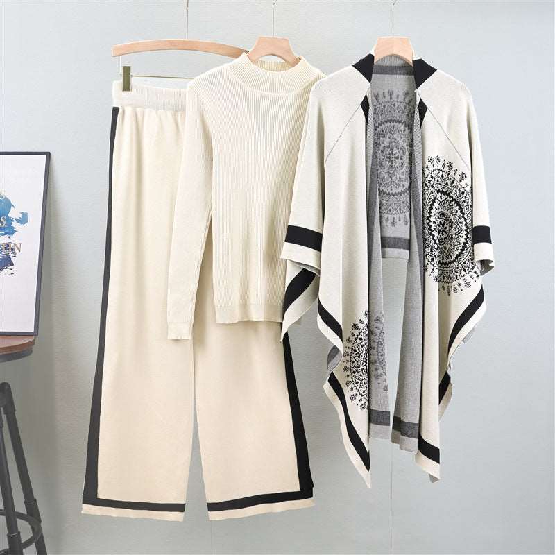 Autumn and winter new classic British style brand imitation knitted scarf, women's shawl dual-use shawl cape three piece set