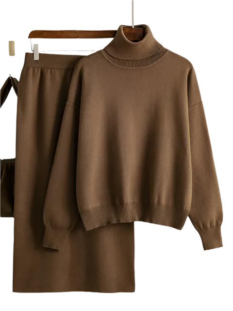 Women Loose Sweater Suits Long Sleeve Pullovers Female Knitted Midi Skirt 2 Piece Set Grey