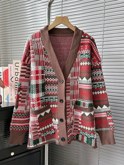 Red Colorful Christmas Cardigan Coat Women Long Sleeve Single Breasted Loose Sweater Jacket Autumn Winter New