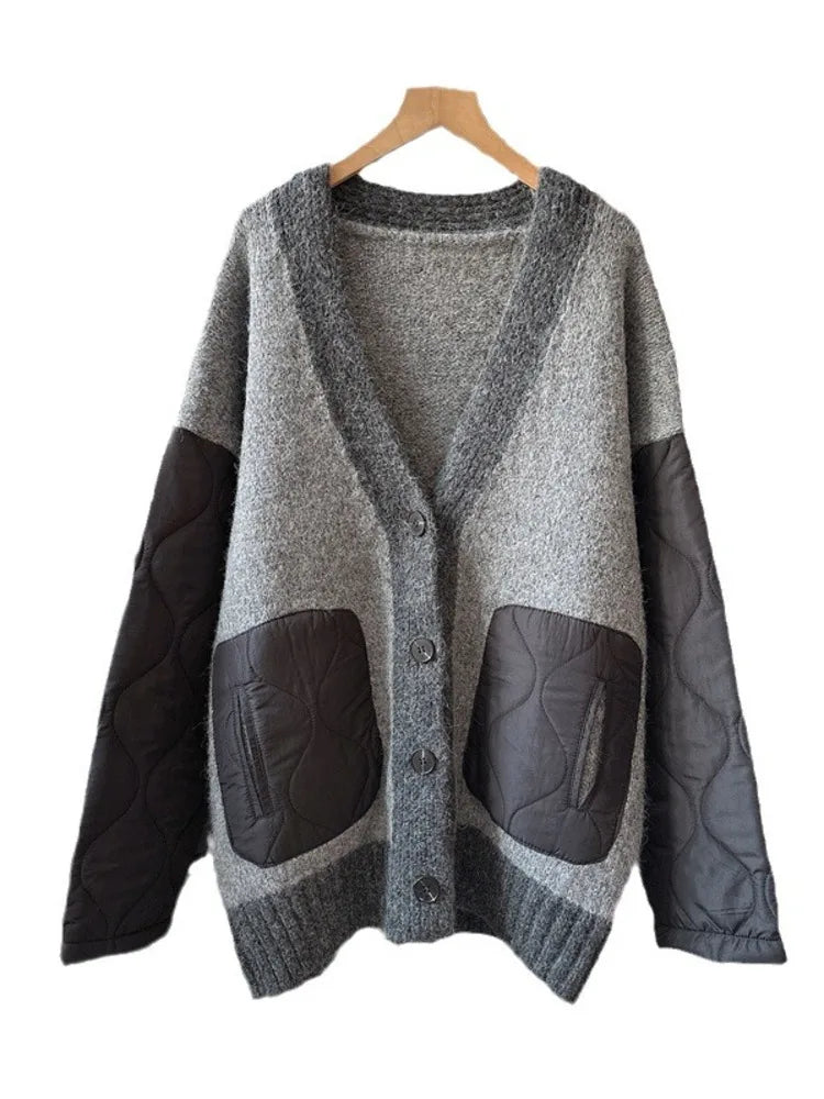 Women V-neck Single Breasted Patchwork Cotton Padded Coat Knitted Cardigan Sweater Thick Warm Autumn Winter