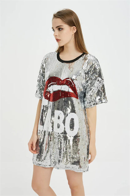 Short Sleeve Loose Design Women's Wear Sequins Round Neck Streetwear Night Club Hip Hop T-Shirt