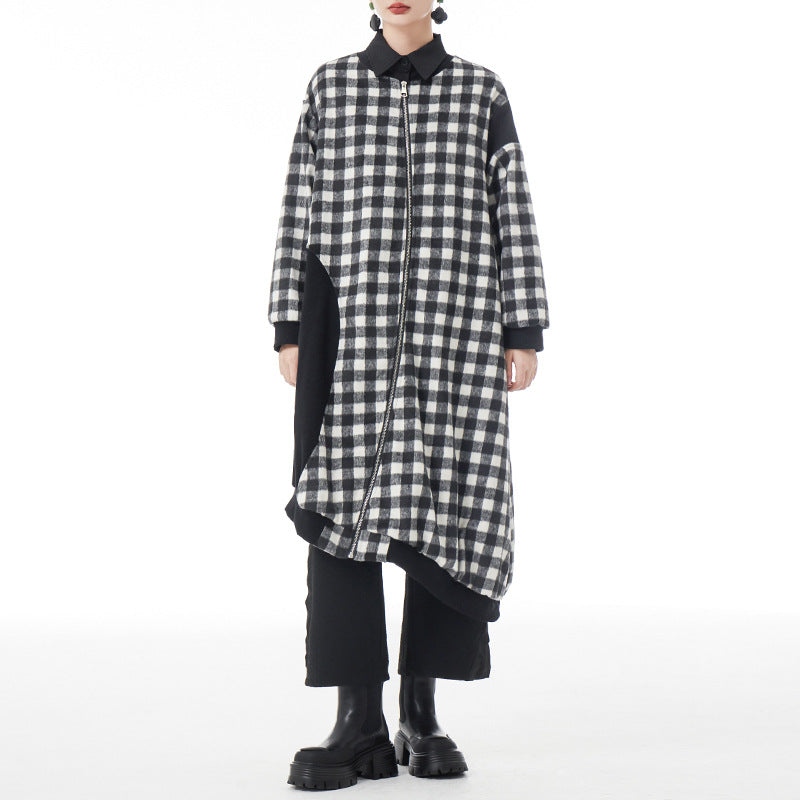 Black and white checkered woolen coat women's new loose contrasting splicing asymmetrical woolen coat