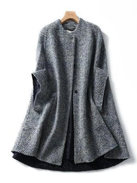 Gray Plaid Temperament Women Cape Woolen Coat Long Sleeve Fashion Single Breasted Wool Coat  Autumn Winter New