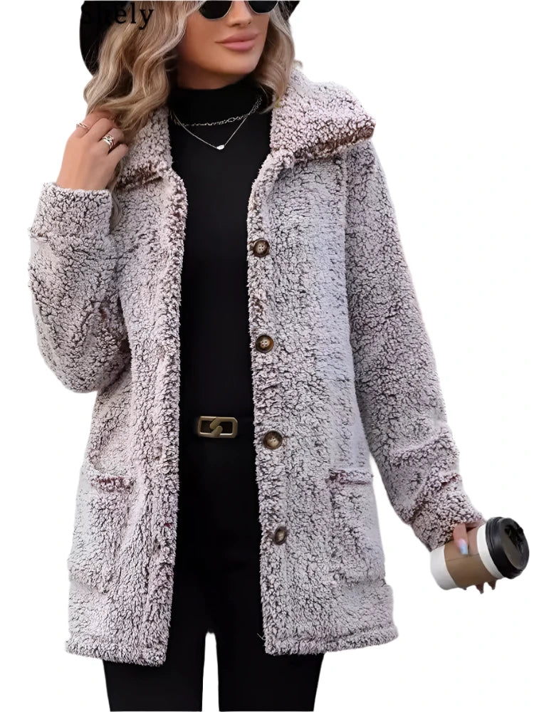 FairyShely 2024 Winter Women Single Breasted Jacket Thick Plush Hooded Warm Long Sleeve Long Coat Soft Solid Cardigan Lady Coat